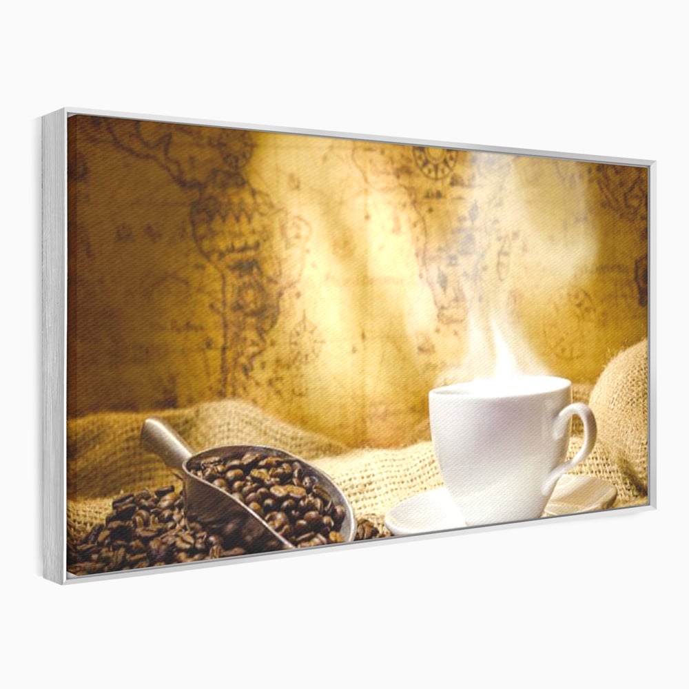 Tablou canvas cu ceasca de cafea cu boabe pe sac de iuta, in rama de aluminiu argintiu